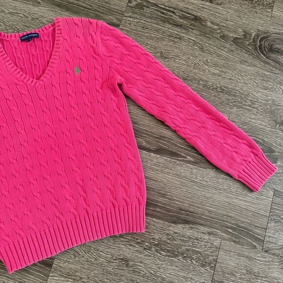 Ralph Lauren Bright Pink Cotton V Neck Cable Sweater - Picture 4 of 10